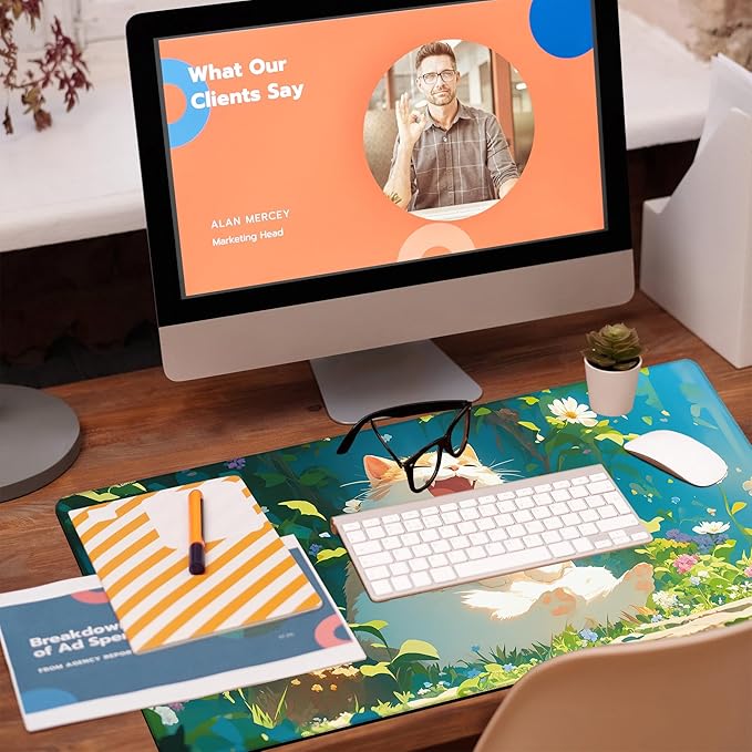 Desk Pad, Happy Fat Cat Desk Mat, Cute Anime Cat Large Gaming Mouse Pad for Desk, 31.5"x15.7" Extended Big Computer Keyboard Mouse Pad with Non-Slip Base and Stitched Edge