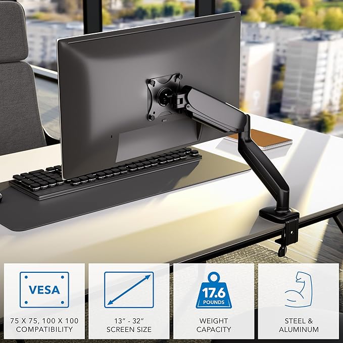 Mount-It! Single Monitor Arm Desk Mount, Gas Spring Monitor Mount, Fits 13–32" Screens up to 17.6 lbs, VESA 75x75 & 100x100, Full Motion Tilt Swivel Rotate, C-Clamp & Grommet Base