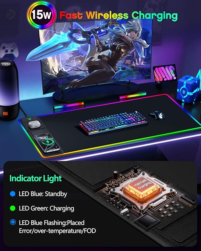 4-in-1 RGB Gaming Mouse Pad with Wireless Charging & Phone Stand, 31.5"x15.8" Large, 24 Light Effects, Non-Slip Base, Waterproof Ultra-Smooth Surface, with Adatper