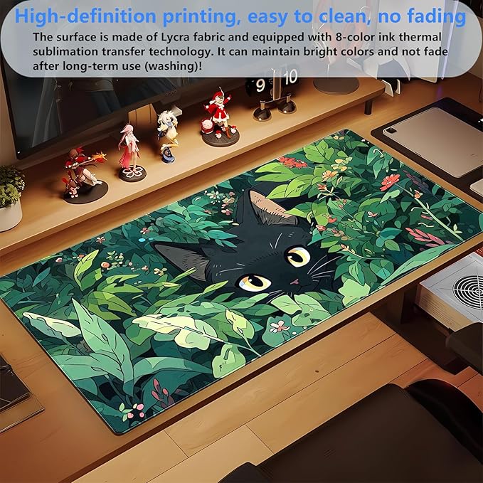 Black Cat Mouse Pad Cute Gaming Mousepad XL Kawaii Computer Mat 31.5 x 15.7 in Full Desk Mouse and Keyboard Pad Green Desk Mat with Stitched Edge Anti-Slip Washable for Office and Home