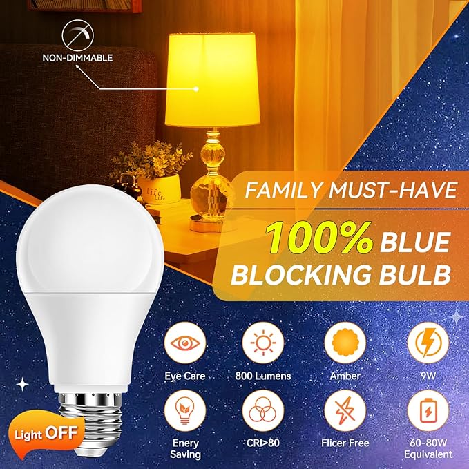 Neporal 1800K Amber Sleep Light Bulbs 2PK, 99.96% Blue Blocking Soft Warm Light Bulbs,9W 60 Watt Equivalent, A19 Amber Night Light E26 for Bedroom and Baby Nursery Light