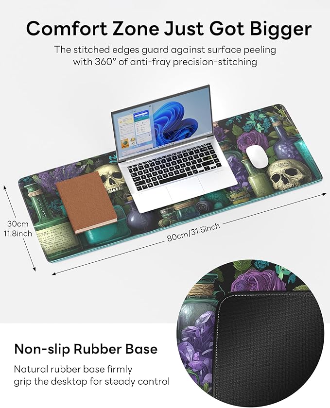 Skull Mouse Pad, 31.5 x 11.8 Large Desk Mat with Stitched Edges & Non-Slip Base, Mousepad for Office, Home, Work, Colourful Skulls