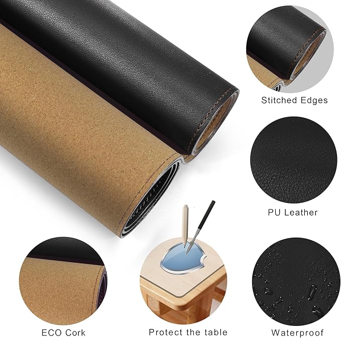 MAIDERN Leather Desk Mat, XXL 55” x 31.5” Reversible Office Desk Pad Mat, Cork & Leather Large Mouse pad for Desk, Waterproof Computer Desk Mat for Gaming Home Office (Black)