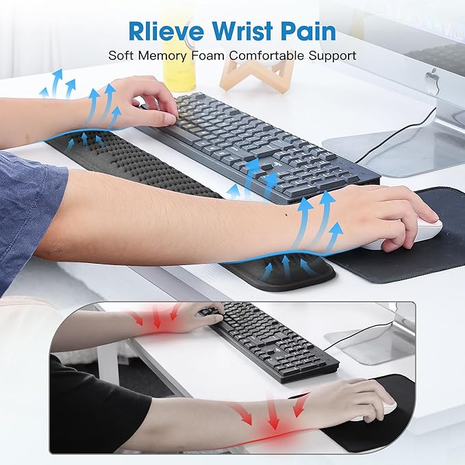 MEKASS Ergonomic Wrist Rest for Keyboard and Mouse, Soft Memory Foam Keyboard Wrist Rest Set with Non-Slip Silicone Base, Easy Typing, Comfort for Office, Work, Gaming (Classic Black)