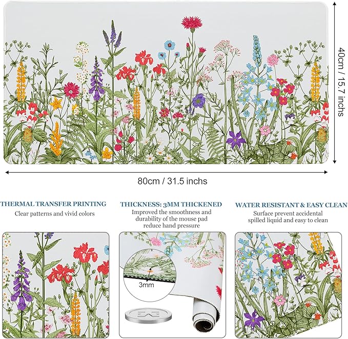 Desk Pad Sage Green Botanical Flowers, Desk Mat for Desktop, XXL Large Gaming Mouse Pad, Non-Slip Rubber Base Stitched Edges Waterproof Keyboard mat for PC Game, Laptop, Computer, Work, Office, Floral