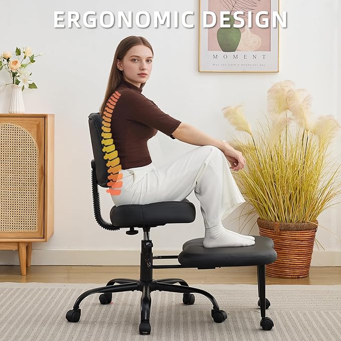 Ergonomic Criss Cross Legged Office Chair, ADHD Chair, Wide Height Adjustable Seat 360° Swivel Footstool with Wheels, PU Leather Meditation Kneeling Chair, for The Restless Home Workers, Black