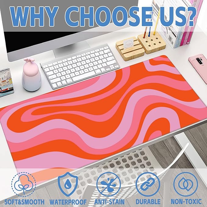 Large Gaming Mouse Pad for Desk,Hippie Groovy Waves Desk Mat for Desktop,Retro Groovy Swirls Desk Pad,Extended Big Computer Keyboard Mouse Pad with Non-Slip Base and Stitched Edge 35.4"x15.7"