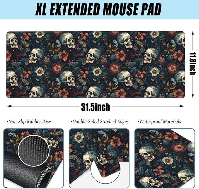 Desk Mat,Skulls with Flowers Large Gaming Mouse Pad XL,Skull Floral Desk Pad,Extended Big Computer Keyboard Mousepad with Non-Slip Base and Stitched Edges 31.5"x11.8"