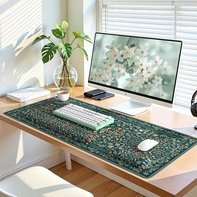 iLeadon Mouse Pad and Keyboard Wrist Rest, Extra Large Mouse Pad Set, Memory Foam Wrist Support for Keyboard, Ultra Smooth Dark Green Desk Mat Sets for Office Women(Floral)