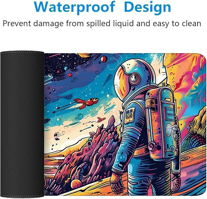 Space Planet Desk Mat Astronaut Spaceship Cosmic Large Gaming Mouse Mat with Stitched Edges,Non-Slip Waterproof Rubber Base Mous Mat 31.5"x11.8" Office Computer Keyboard Laptop Home