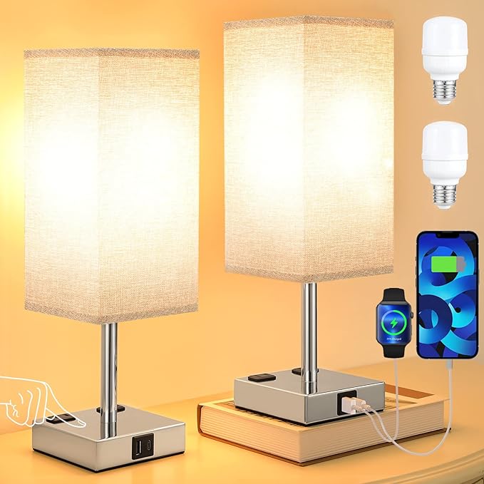 aooshine Gray Set of 2 Touch Lamp with USB Port-Nightstand Lamp with USB-C+A Charge Ports& AC Outlets, 3-Way Dimmable Bedside Lamp with Shade,Small Table Lamp for Bedroom Living Room(Bulb Included)