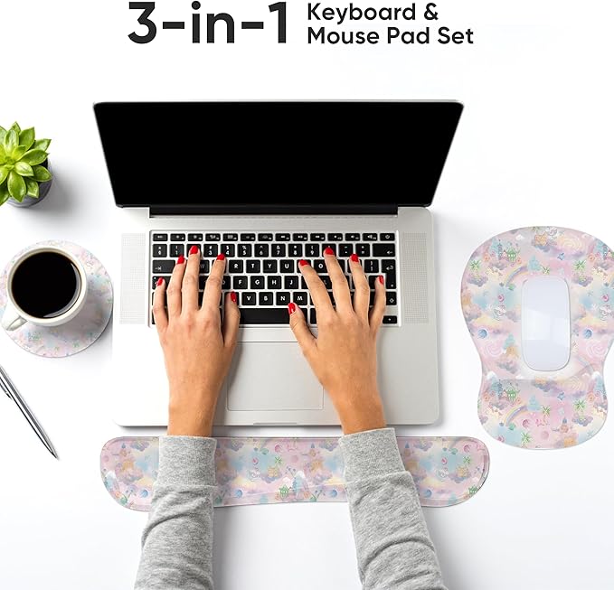 Wrist Rest Support for Mouse Pad Keyboard Set Circle Coaster Gaming Mouse Pad Ergonomic Gel Memory Foam Set for Computer, Laptop, Office, Comfortably Typing Cute KM-37