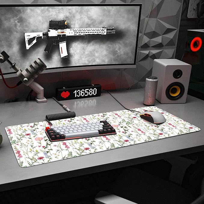 White Kawaii Flower Mouse Pad Large Desk Mat Extended Keyboard Mouse Pad Cute Mousepad with Non-Slip Base and Stitched Edge Floral Mouse Mat Desk Pad 31.5 x 11.8 Mouse Pads for Desk Home Office Gaming