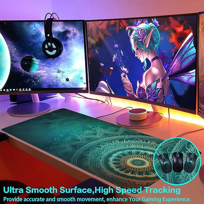 Large Gaming Mouse Pad for Desk,Retro Mandala Flower Desk Mat for Desktop,Mandala Floral Desk Pad, Extended Big Computer Keyboard Mouse Pad with Non-Slip Base and Stitched Edge 35.4"x15.7"