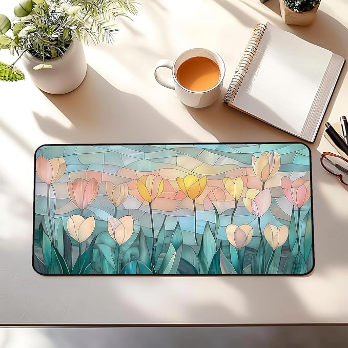 Faux Colorful Glass Desk Mat, Tulip Long Mouse Pad, Large Gaming Computer Keyboard Mats, Soft Full Deskamt, Office Desktop Cover Pad, Aesthetic Desk Accessories, Suitable Women 31.5"X15.7"