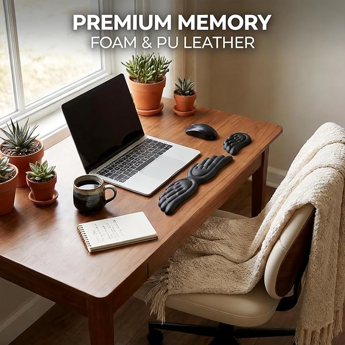 Angel Wing Wrist Rest Cute Wrist Rest for Keyboard and Mouse Hand Rests Set Include Ergonomic Keyboard & Mouse Hand Rest and Coaster Filled Resilient Memory Foam for Work Study Gaming- Black
