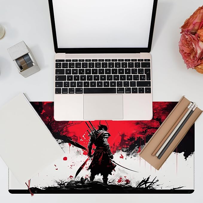 Large Gaming Mouse Pad, Cool Japanese Samurai Desk Mat, Red and White Samurai Desk Pad, 31.5"x15.7" Extended Big Computer Keyboard Mouse Pad with Non-Slip Base and Stitched Edge