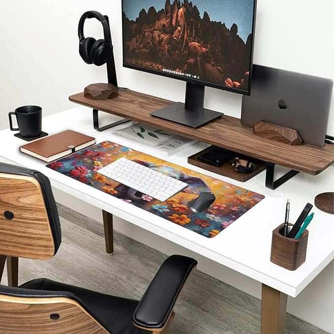 XL Mouse Pad,Elephant in Flower Blossom Large Gaming Mouse Pad,Cute Elephant Floral Desk Mat,Extended Big Computer Keyboard Desk Pad with Non-Slip Base and Stitched Edge 31.5"x11.8"