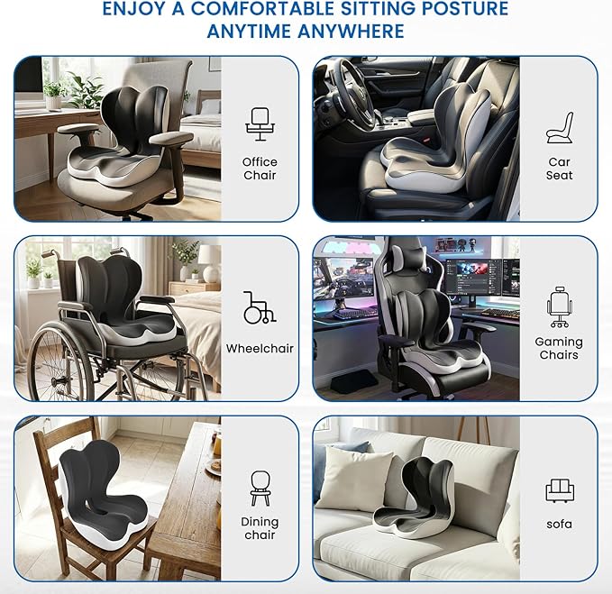Seat Cushion, Memory Foam Car Seat Cushion with L-Shaped Ergonomic Design, Tailbone & Sciatica Support Cushion for Office Chair, Car, Truck Drivers, Long Work Sessions and Wheelchair