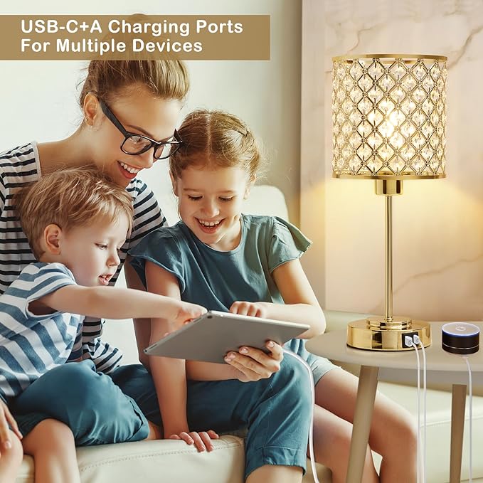 GyroVu Crystal Touch Control Table Lamp with USB-C+A Charging Ports, Dimmable Nightstand Lamp Set of 2 Crystal Decorative Bedside Lamps with Gold Elegant Shade for Bedroom Living Room, Bulbs Included
