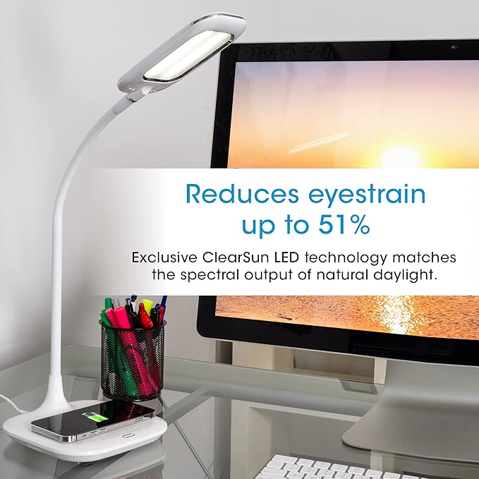 OttLite Prevention LED Desk Lamp with Wireless Charging - Designed to Reduce Eyestrain - Adjustable Flexible Neck, 3 Color Modes & Touch Controls - Crafting, Office Work, Reading & Studying