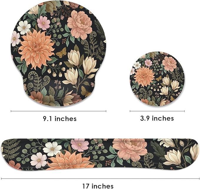 Britimes Spring Flower Leaves Floral Colorful Ergonomic Mouse Pad Set with Wrist Rest Non-Slip Rubber Base Wrist Cushion Support and Coasters Mousepad with Wrist Support for Computer Keyboard and Desk