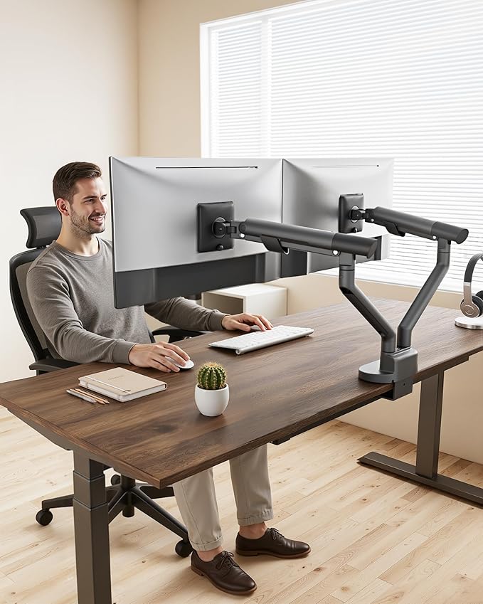 monTEK Dual Monitor Stand for 2 Screens 17 to 35 Inch, Heavy Duty Monitor Mount Arm, VESA Mount Desk Stand with C-Clamp/Grommet Base, Holds up to 24.3 lbs Per Arm, VESA 75/100mm, Gray