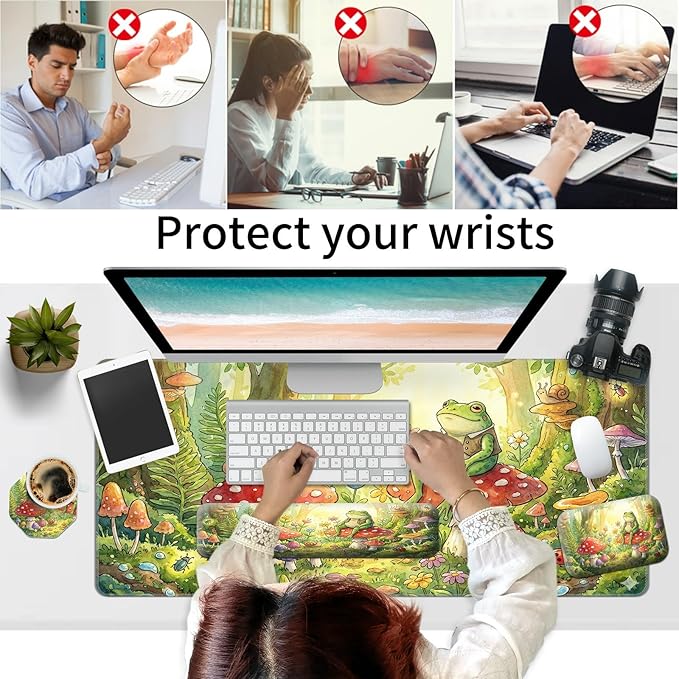 Large Gaming Mouse Pad + Memory Foam Ergonomic Keyboard Wrist Rest Support + Wrist Rest + Coaster, Green Desk Decor Mat, Stitched Edge Non Slip Desk Mat 4PC for Office & Home, Cute Frog Kawaii