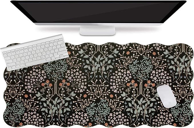 L-SPOUTTO Botanical Mouse Pad,Black Desk Mat XXL Large Scalloped Gaming Mousepad,35.4x15.12in Non-Slip Base Keyboard Pad Waterproof Desktop Mat for Laptop Computer Game Home Office-Seamless Plants