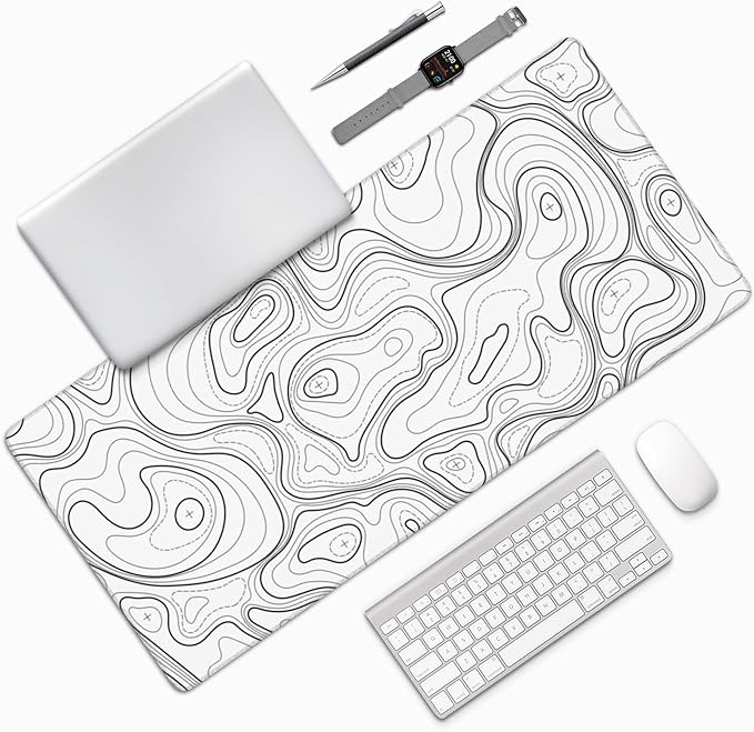 Large Gaming Mouse Pad White Topographic Contour Mouse Pad with Stitched Edges & Nonslip Rubber Base Extended XXL Long Mousepad Big Desk Mat for Company Office Work, 35.4 x 15.7 in