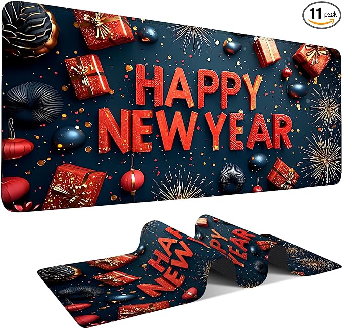 Happy New Year Extended Gaming Mouse Pad 35.4x15.7Inch Large Desk Mat Anti-Slip Rubber Base & Durable Stitched Edges for Gamers Smooth Mouse Writing Surface for Desk Office/Home