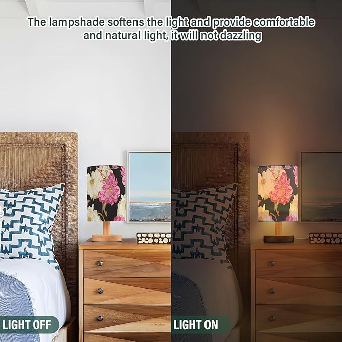 Colorful Floral LED Table Lamp, Bedside Lamp with Linen Lampshade, Flicker-Free Eye Care USB Plug in Nightstand Lamp, for Bedroom and Office