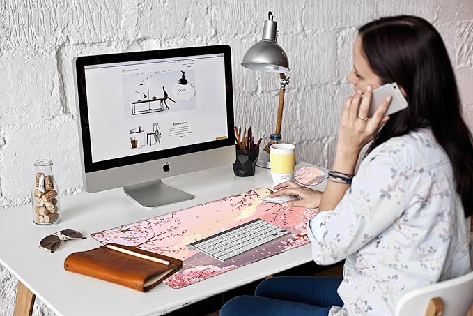 Gaming Mouse Pad Large Mousepad Cherry Blossom Desk Mat XXL Big Desk Pad 31.5x15.75 Rubber Base Pink Sakura Computer Pad with Stitched Edges Mouse Mat for Work Home Office