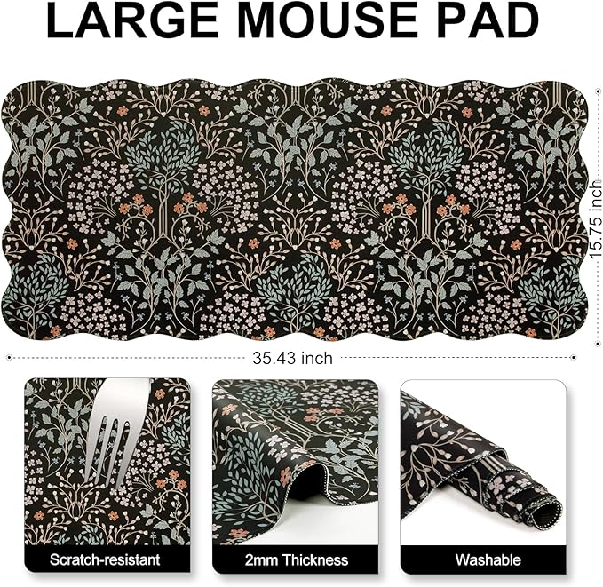 L-SPOUTTO Botanical Mouse Pad,Black Desk Mat XXL Large Scalloped Gaming Mousepad,35.4x15.12in Non-Slip Base Keyboard Pad Waterproof Desktop Mat for Laptop Computer Game Home Office-Seamless Plants