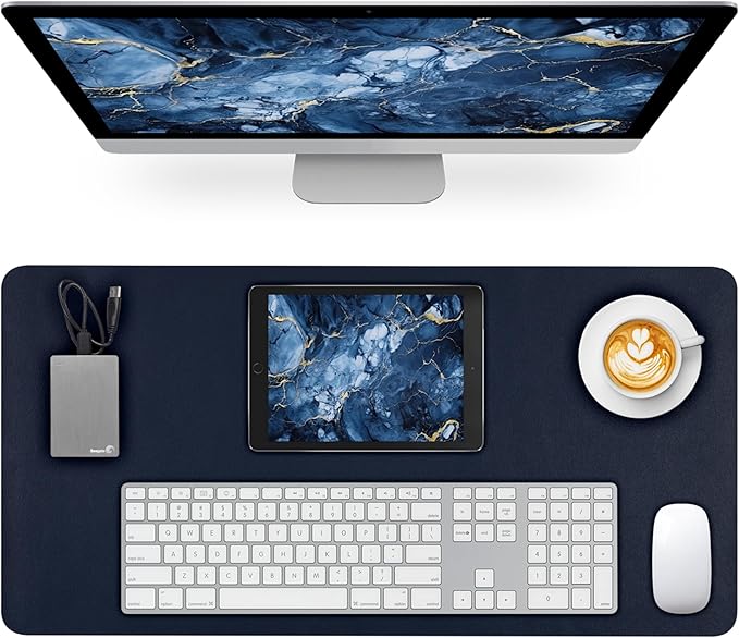Desk Pad Mat, Navy Blue Leather Desk Mat for Desktop, Computer Mouse Pad Non-Slip, Waterproof Keyboard Mats for Office/Home/Decor, 23.6" x 13.7"