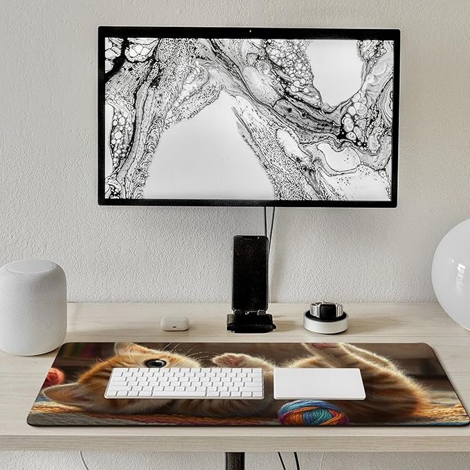 Large Ergonomic Gaming Mouse Pad Curious Kitten Playtime - Cute Cat Theme with Non-Slip Base Water-Resistant Surface and Stitched Edges 40x90cm