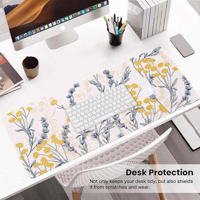 ALOANES Waterproof Mouse Pad with Durable Stitched Edge, Large Gaming Keyboard Pad, Non-Slip Rubber Base, Extended Desk pad for Gamer, Office & Home, Yellow Flower Mousepad 27.6''x 11.8''x 0.12''