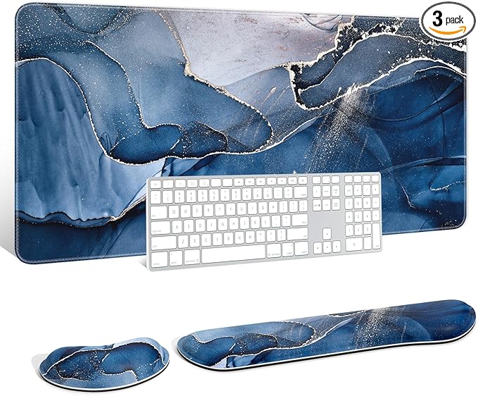 Auhoahsil Large Mouse Pad with Wrist Rests for Keyboard & Mouse, Thick Soft Ergonomic Memory Foam Wrist Supports, Big & Long Desk Mat 35.5 x 15.7 in, for Office Gaming Computer, Ink Navy Marble