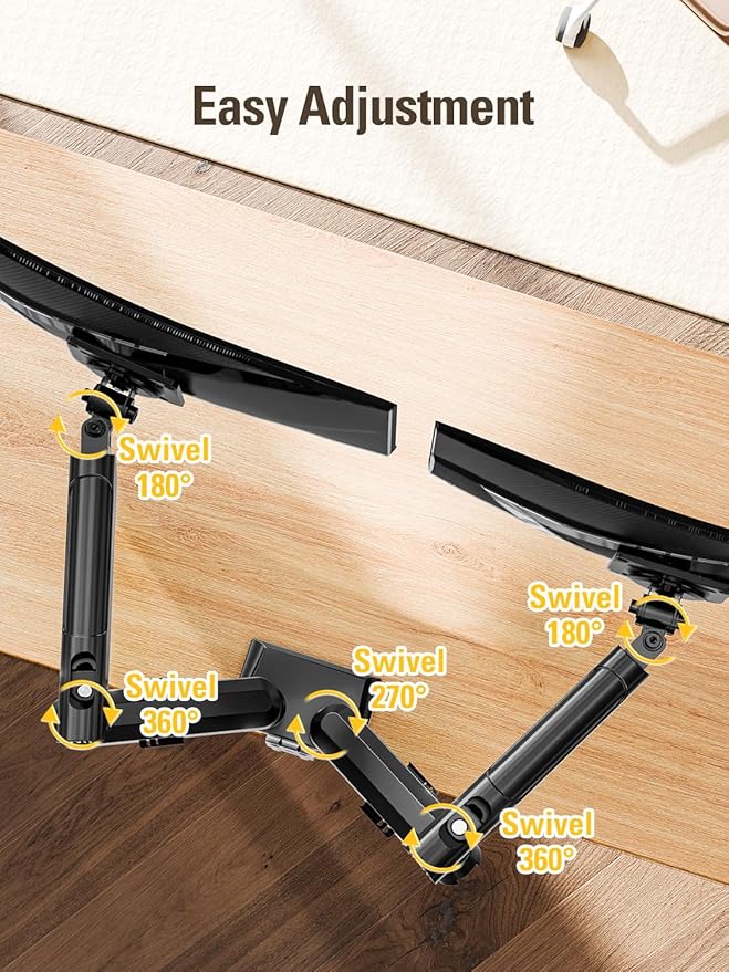 Dual Monitor Stand for 13-32 Inch Computer Screens, Dual Monitor Arms, Each Arm Holds 4.4-22lbs, Fully Adjustable Monitors Desk Mount with C-Clamp and Grommet Base, VESA 75x75/100x100mm