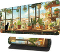 Desk Mat, XXL Extended Gaming Pad for Desktop, 35x16 Inches Cat Lover Kitty in Window with Houseplants, Large Non-Slip Vegan Leather Surface with Stitched Edges, Keyboard Mouse Mat for Home Office