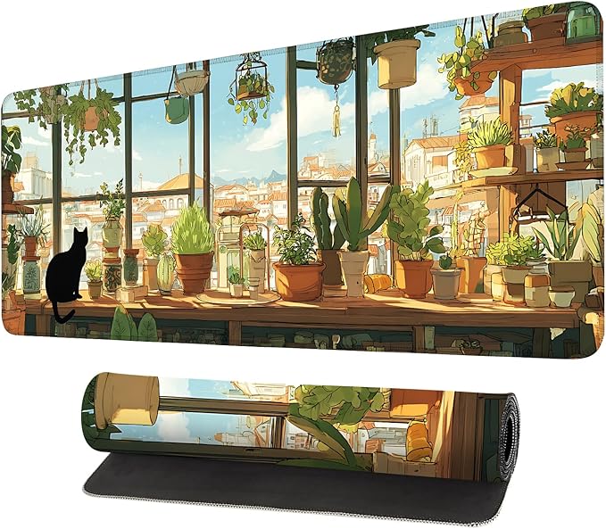 Desk Mat, XXL Extended Gaming Pad for Desktop, 35x16 Inches Cat Lover Kitty in Window with Houseplants, Large Non-Slip Vegan Leather Surface with Stitched Edges, Keyboard Mouse Mat for Home Office