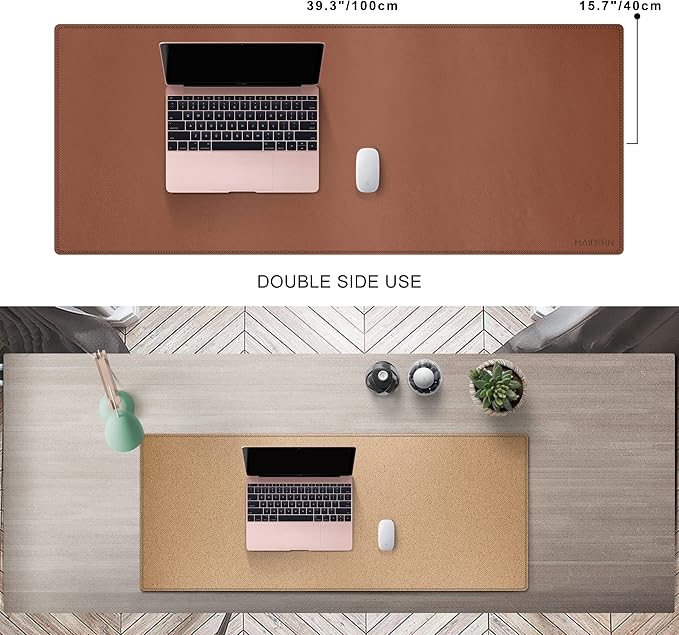 MAIDERN 40" x 16" Cork & Leather Desk Pad, Large XXL Mat, Full Mouse Pad, Reversible Protector for Gaming Home Office (Brown)