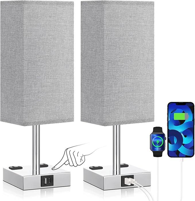aooshine Gray Set of 2 Touch Lamps with USB Port Nightstand Lamp with USB-C+A Charge Ports & AC Outlets, 3-Way Dimmable Bedside Lamp, Small for Bedroom Living Room (Bulb Included)