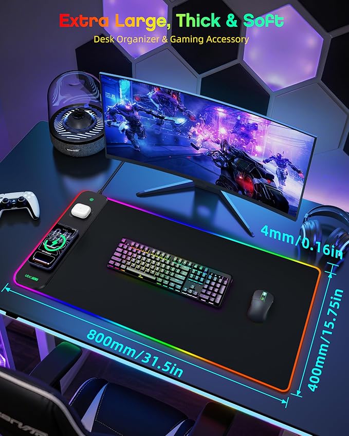 3-in-1 RGB Gaming Mouse Pad with Magnetic Wireless Charging, 31.5"x15.8" Large, 24 Light Effects, Non-Slip Base, Waterproof Ultra-Smooth Surface, No Adapter