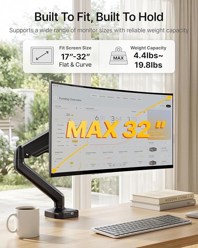 monTEK Single Monitor Arm with USB Fully Adjustable Monitor Mount Fits 17-32 inch Screens Desk Monitor Stand up to 19.8lbs with Clamp/Grommet, Cable Management, Quick Release Plate, VESA 75/100mm