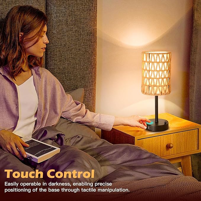 Rattan Table Lamps for Living Room, 3 Way Dimmable Touch Lamps, Small Bedside Lamps with LED Bulbs, Phone Stand, USB Ports and AC Outlet, Boho Nightstand Lamp for Kids Room, Bedroom, Office (2 Pack)