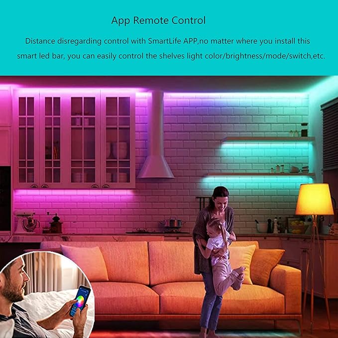 Plug In Under Cabinet Lighting, RGB LED Light Bar Works with Alexa, Google Assistant, Smart App, 20Inch, Ultra-Thin Room Lights Strip Dimmable for Kitchen Counter, Shelf, Desk, Closet, Music Sync,1pcs