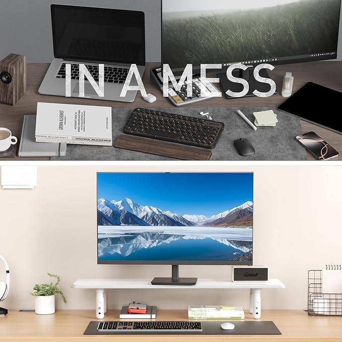 Dual Monitor Stand for Desk, Adjustable Height Wood Computer Riser, Ergonomic Monitor Shelf for Laptop, Printer, TV, Black - Large Storage Space, Sturdy Desk Organizer for Home & Office,White