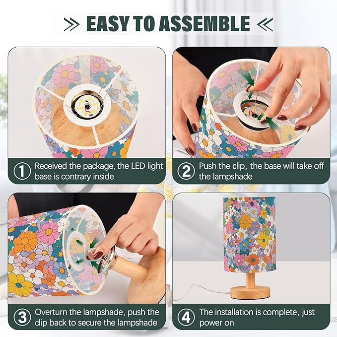 Colorful Floral LED Table Lamp, Bedside Lamp with Linen Lampshade, Flicker-Free Eye Care USB Plug in Nightstand Lamp, for Bedroom and Office