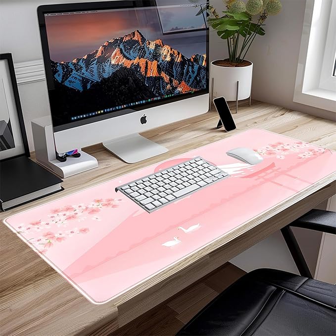 Pink Desk Pad, Japanese Mount Fuji Mouse Pad XXL, Cute Cherry Blossom Deskmat, Large Anime Game Computer Keyboard Mouse Mats, Women Full Desktop Protector, Home Office Accessories 31.5"X15.7"